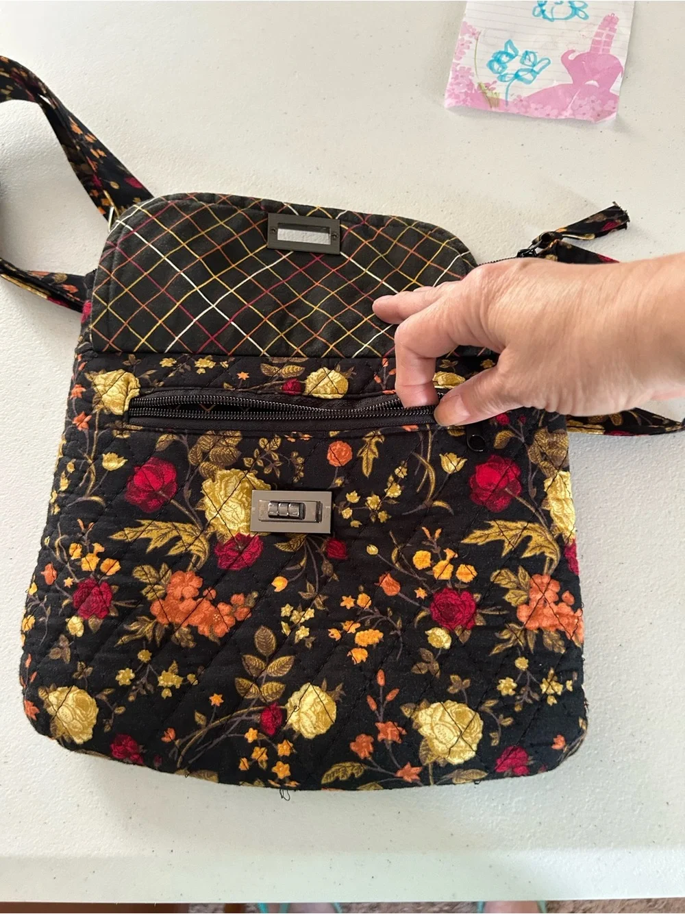 Black Quilted Crossbody with Gold, Red & Orange Floral Embroidery